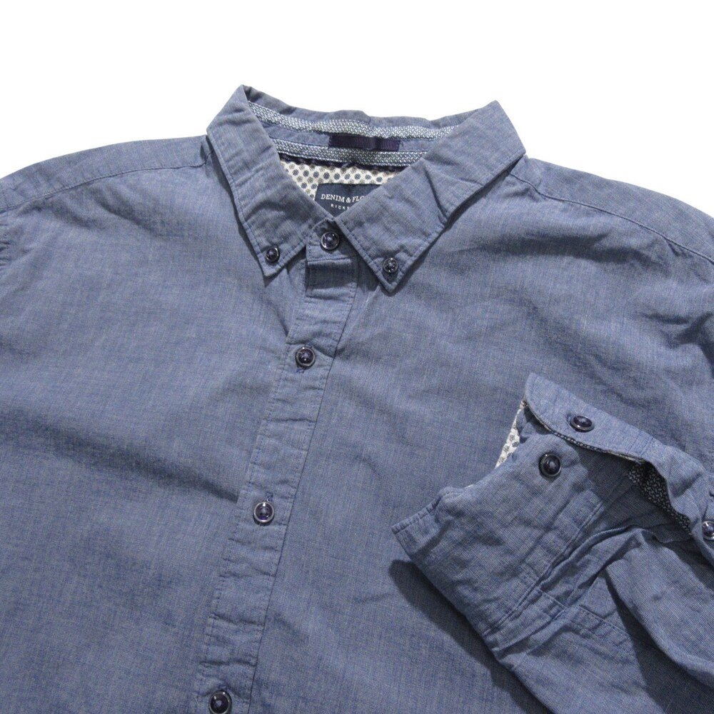 Denim Flower Mens Button Down Shirt XL Slim Fit Solid Blue Stretch 100%